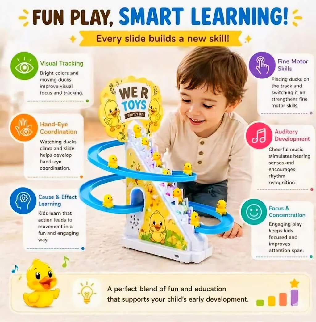 Duck Climbing Stairs Toy with Music & Lights | Automatic Duck Slide Track Toy for Kids | Educational Fun Toy for Toddlers