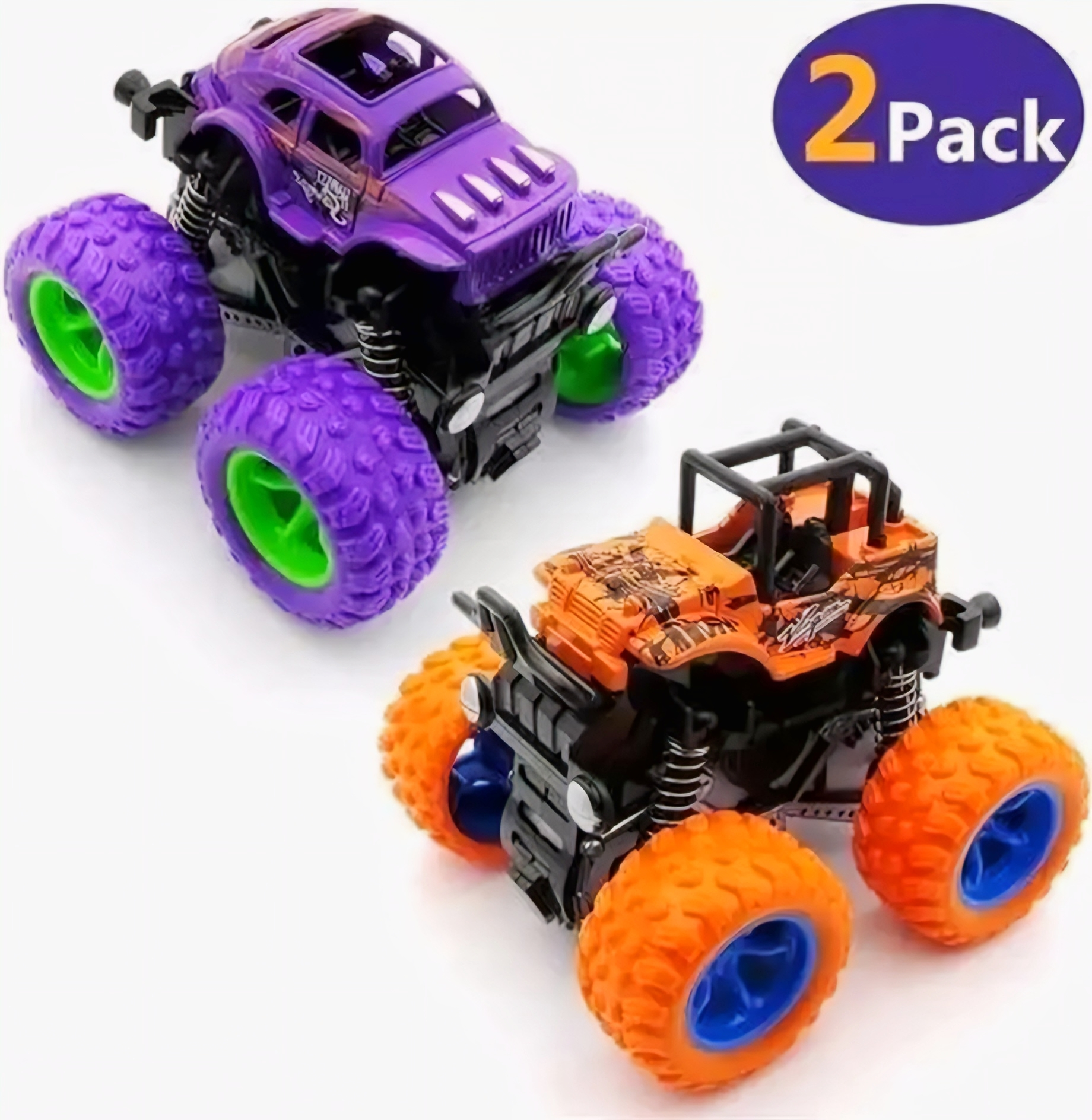Pack of 2 Friction-Powered Monster Trucks – 360° Stunt & All-Terrain Push-and-Go Cars