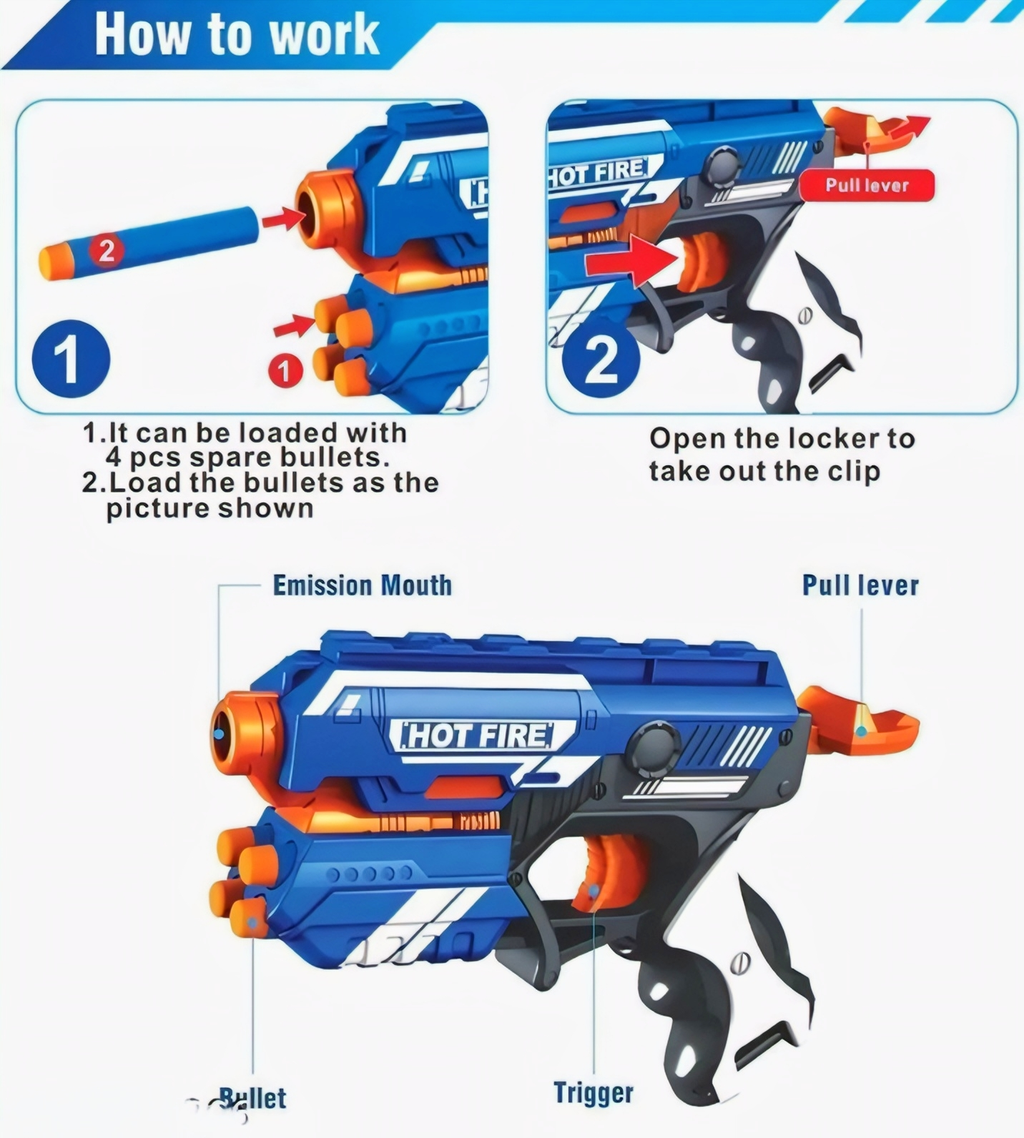 Hot Fire Soft Bullet Blaster Gun with 10 Safe Foam Darts