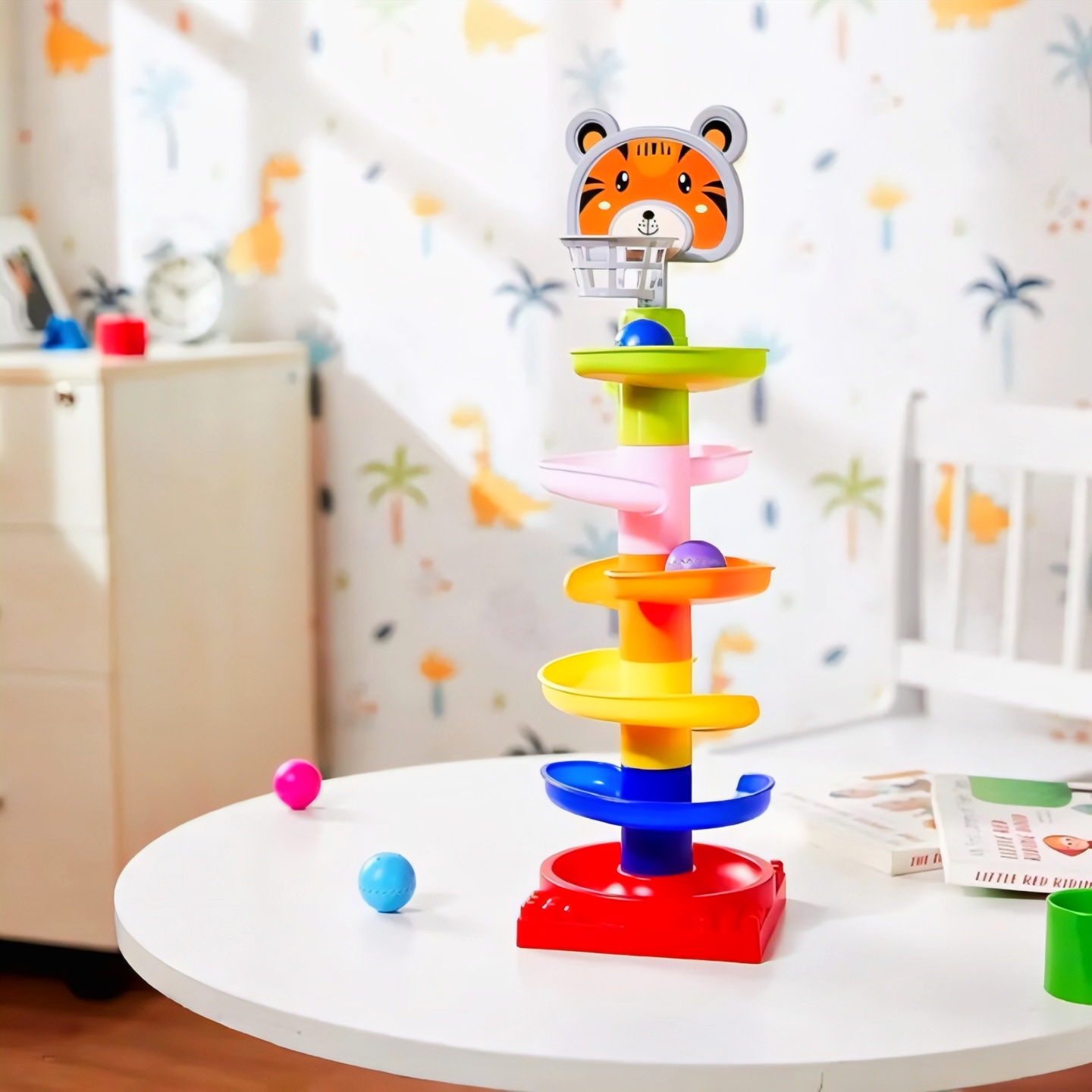 Colorful 6-Tier Roll Ball Tower Game with 4 Rolling Balls