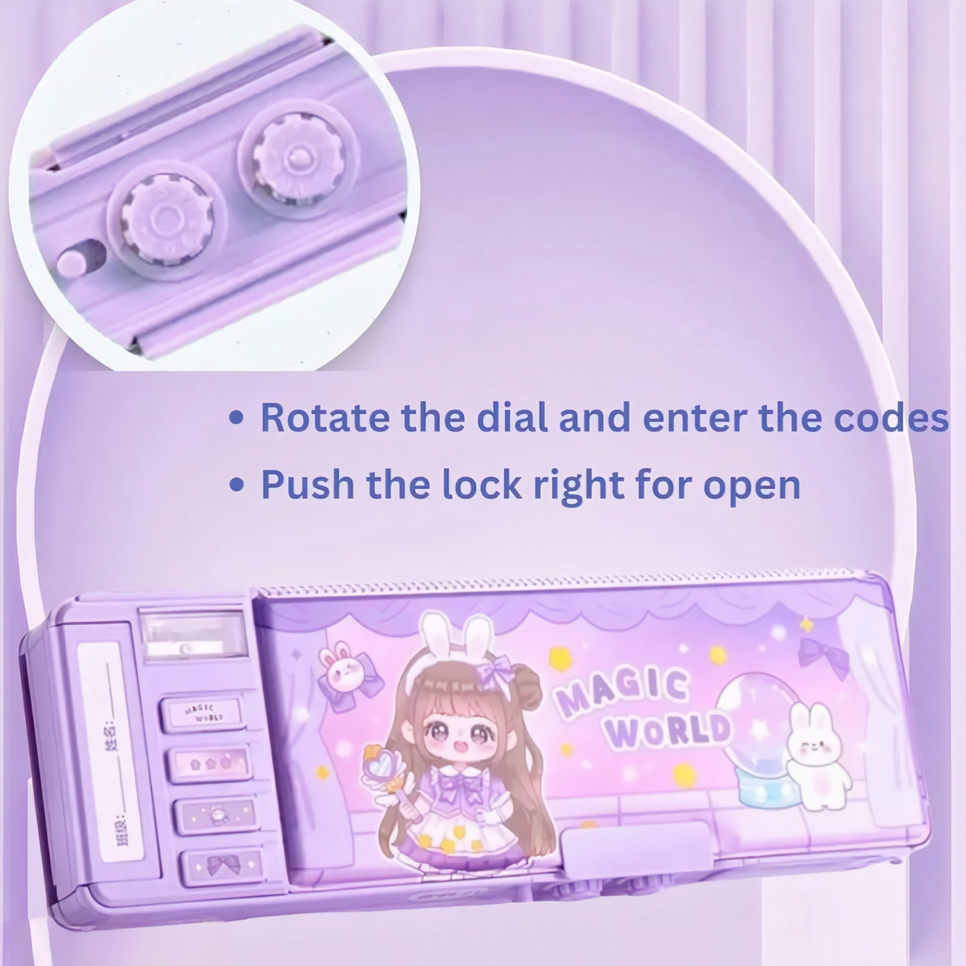 Cute Doll Magnetic Pencil Box with Password Lock & Sharpener for Kids | Double Side Pencil Case with Geometry Set Storage | School Stationery Organizer for Girls (Purple)
