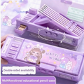 Cute Doll Magnetic Pencil Box with Password Lock & Sharpener for Kids | Double Side Pencil Case with Geometry Set Storage | School Stationery Organizer for Girls (Purple)