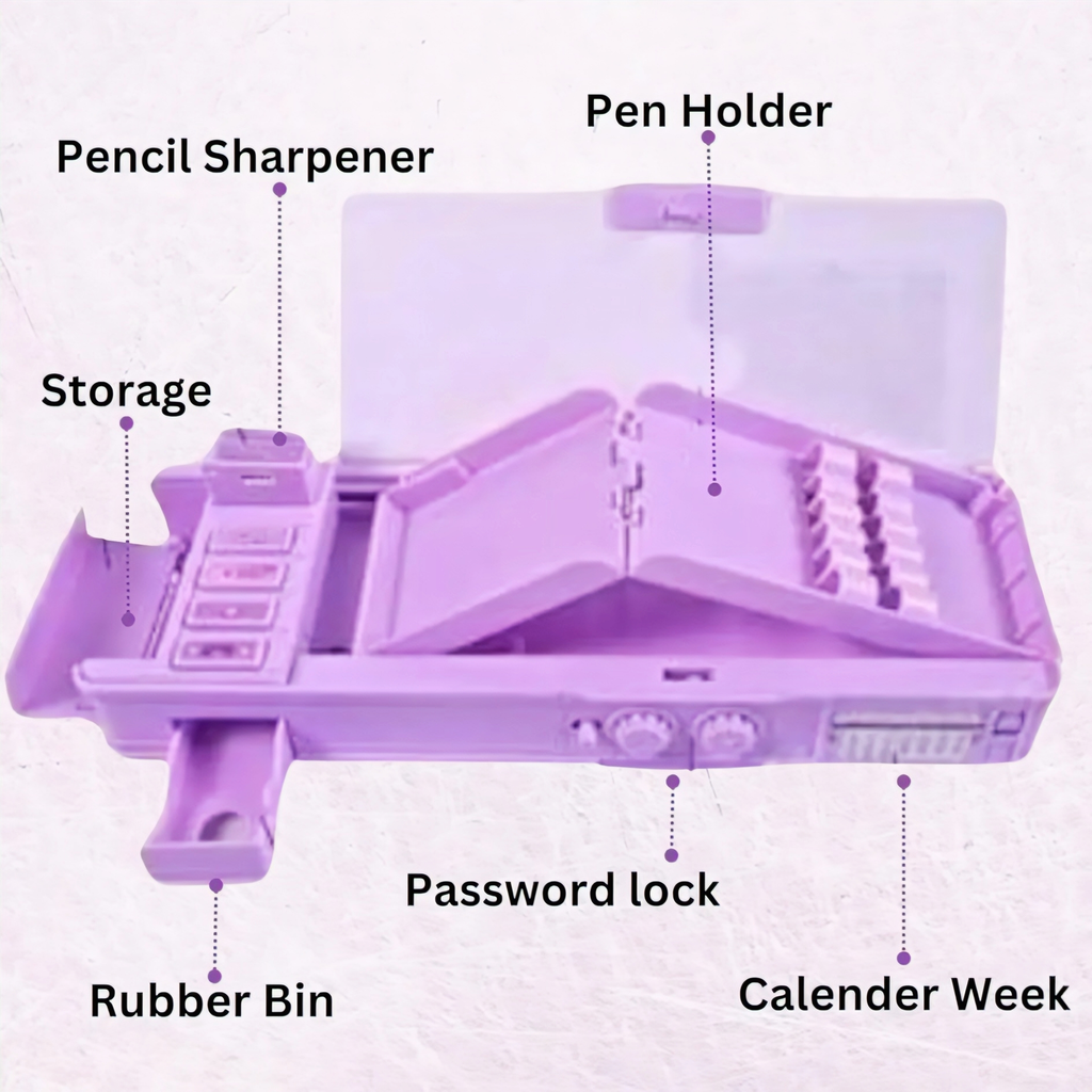 Cute Doll Magnetic Pencil Box with Password Lock & Sharpener for Kids | Double Side Pencil Case with Geometry Set Storage | School Stationery Organizer for Girls (Purple)