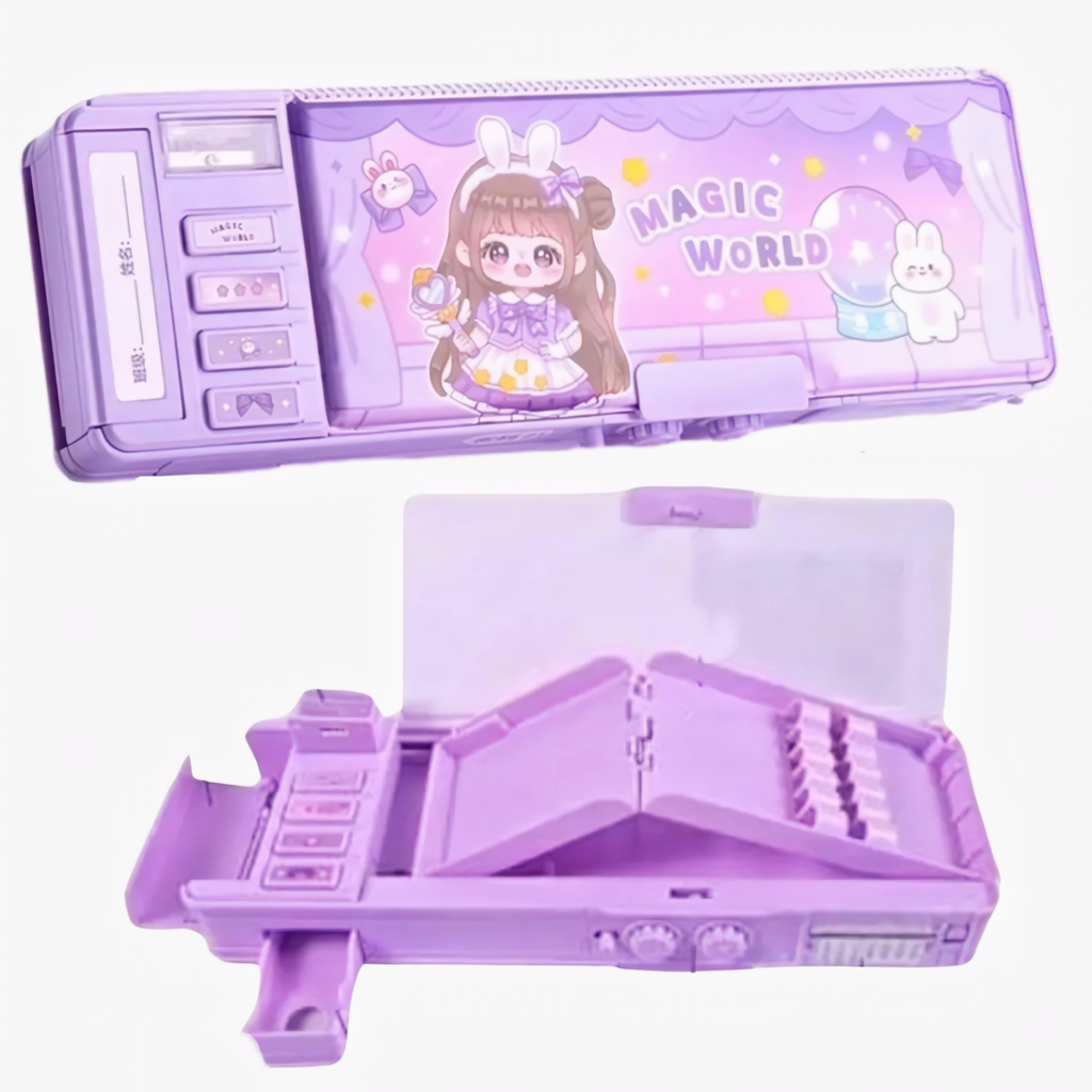 Cute Doll Magnetic Pencil Box with Password Lock & Sharpener for Kids | Double Side Pencil Case with Geometry Set Storage | School Stationery Organizer for Girls (Purple)