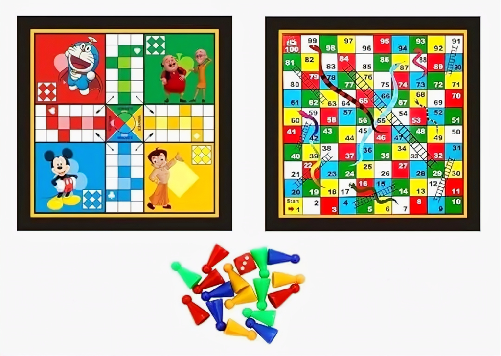 Kids Favorite Cartoon Ludo & Snake Ladder Double-Sided Wooden Board
